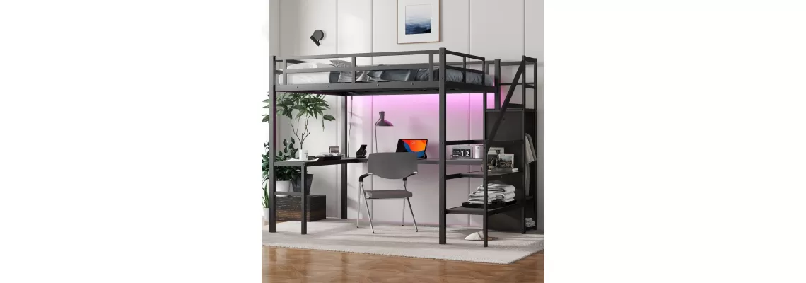 Maximize Your Space with the Full Size Loft Bed Featuring an L-shaped Desk, Wardrobe, and LED Lighting
Maximize Your Space with the Full Size Loft Bed Featuring an L-shaped Desk, Wardrobe, and LED Lighting