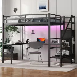 Full Size Loft Bed with L-shaped Desk and USB, Metal Loft Bed with Wardrobe and Adjustable Shelf, High Loft Bed with LED for Kids Teens Adults, Black