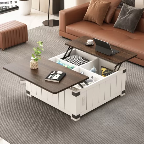 Farmhouse Lift Top Coffee Table with Storage, Wood Square Center Table with Charging Station&USB Ports, Living Room Central Table 4 grids Large Hidden Space, for Living Room, Bedroom, Home Office Farmhouse Lift Top Coffee Table with Storage, Wood Square Center Table with Charging Station&USB Ports, Living Room Central Table 4 grids Large Hidden Space, for Living Room, Bedroom, Home Office