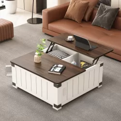 Farmhouse Lift Top Coffee Table with Storage, Wood Square Center Table with Charging Station&USB Ports, Living Room Central Table 4 grids Large Hidden Space, for Living Room, Bedroom, Home Office