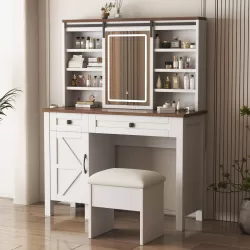 Farmhouse Makeup Vanity Desk with Sliding Mirror and Lights and Hairdryer holder and charging socket   Multilayer storage Shelves,and 2 drawer and big storage cabinet Rustic Big Vanity Set for Bedroom Farmhouse Makeup Vanity Desk with Sliding Mirror and Lights and Hairdryer holder and charging socket   Multilayer storage Shelves,and 2 drawer and big storage cabinet Rustic Big Vanity Set for Bedroom