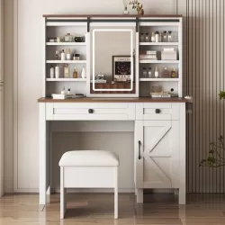 Farmhouse Makeup Vanity Desk with Sliding Mirror and Lights and Hairdryer holder and charging socket   Multilayer storage Shelves,and 2 drawer and big storage cabinet Rustic Big Vanity Set for Bedroom Farmhouse Makeup Vanity Desk with Sliding Mirror and Lights and Hairdryer holder and charging socket   Multilayer storage Shelves,and 2 drawer and big storage cabinet Rustic Big Vanity Set for Bedroom