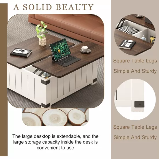 Farmhouse Lift Top Coffee Table with Storage, Wood Square Center Table with Charging Station&USB Ports, Living Room Central Table 4 grids Large Hidden Space, for Living Room, Bedroom, Home Office Farmhouse Lift Top Coffee Table with Storage, Wood Square Center Table with Charging Station&USB Ports, Living Room Central Table 4 grids Large Hidden Space, for Living Room, Bedroom, Home Office