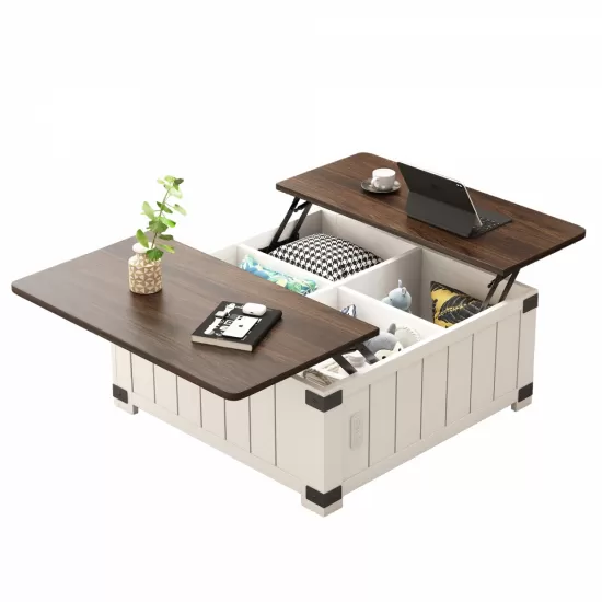 Farmhouse Lift Top Coffee Table with Storage, Wood Square Center Table with Charging Station&USB Ports, Living Room Central Table 4 grids Large Hidden Space, for Living Room, Bedroom, Home Office Farmhouse Lift Top Coffee Table with Storage, Wood Square Center Table with Charging Station&USB Ports, Living Room Central Table 4 grids Large Hidden Space, for Living Room, Bedroom, Home Office