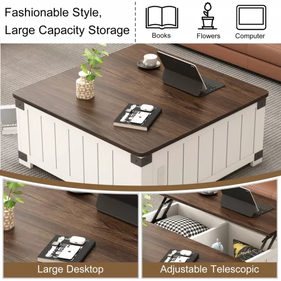 Farmhouse Lift Top Coffee Table with Storage, Wood Square Center Table with Charging Station&USB Ports, Living Room Central Table 4 grids Large Hidden Space, for Living Room, Bedroom, Home Office Farmhouse Lift Top Coffee Table with Storage, Wood Square Center Table with Charging Station&USB Ports, Living Room Central Table 4 grids Large Hidden Space, for Living Room, Bedroom, Home Office