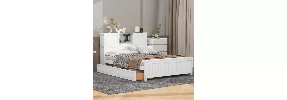 Modern White Full-Size Platform Bed with Storage Headboard and Sliding Doors Modern White Full-Size Platform Bed with Storage Headboard and Sliding Doors