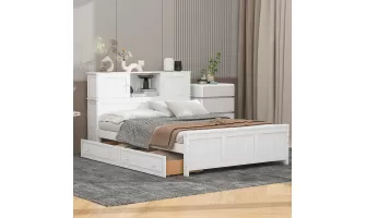 Modern White Full-Size Platform Bed with Storage Headboard and Sliding Doors