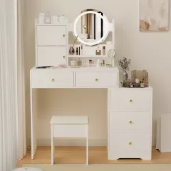 Fashion Vanity Desk with Mirror and Lights for Makeup and Cushioned Chair, Vanity Mirror with Lights and Table Set with 3 Color Lighting Brightness Adjustable,Dressing table, White Color Fashion Vanity Desk with Mirror and Lights for Makeup and Cushioned Chair, Vanity Mirror with Lights and Table Set with 3 Color Lighting Brightness Adjustable,Dressing table, White Color