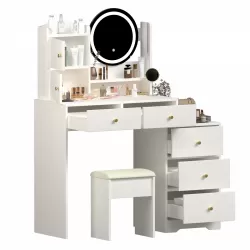 Fashion Vanity Desk with Mirror and Lights for Makeup and Cushioned Chair, Vanity Mirror with Lights and Table Set with 3 Color Lighting Brightness Adjustable,Dressing table, White Color Fashion Vanity Desk with Mirror and Lights for Makeup and Cushioned Chair, Vanity Mirror with Lights and Table Set with 3 Color Lighting Brightness Adjustable,Dressing table, White Color