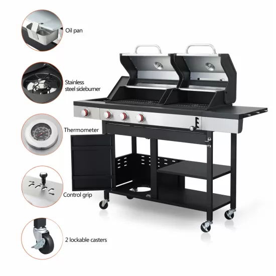 3-Burner Propane Gas BBQ Grill with Side Burner, combined with charcoal grill, 37230BTU Output With Enameled Cast Iron Cooking Grids For Outdoor Barbecue, Stainless Steel 3-Burner Propane Gas BBQ Grill with Side Burner, combined with charcoal grill, 37230BTU Output With Enameled Cast Iron Cooking Grids For Outdoor Barbecue, Stainless Steel