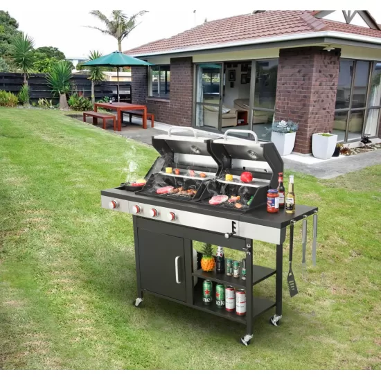 3-Burner Propane Gas BBQ Grill with Side Burner, combined with charcoal grill, 37230BTU Output With Enameled Cast Iron Cooking Grids For Outdoor Barbecue, Stainless Steel 3-Burner Propane Gas BBQ Grill with Side Burner, combined with charcoal grill, 37230BTU Output With Enameled Cast Iron Cooking Grids For Outdoor Barbecue, Stainless Steel