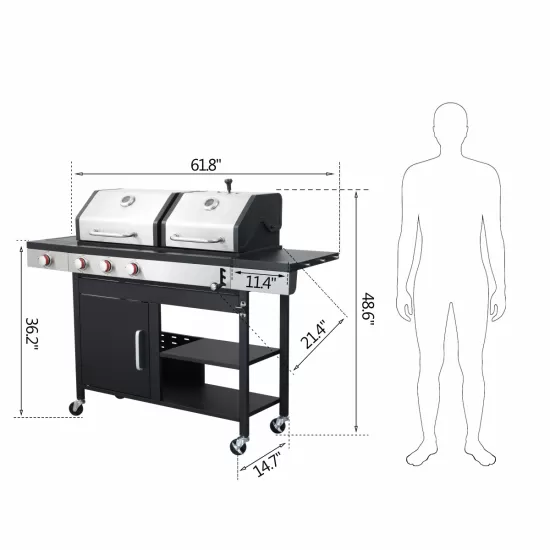 3-Burner Propane Gas BBQ Grill with Side Burner, combined with charcoal grill, 37230BTU Output With Enameled Cast Iron Cooking Grids For Outdoor Barbecue, Stainless Steel 3-Burner Propane Gas BBQ Grill with Side Burner, combined with charcoal grill, 37230BTU Output With Enameled Cast Iron Cooking Grids For Outdoor Barbecue, Stainless Steel