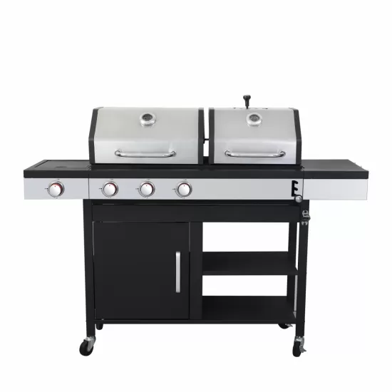 3-Burner Propane Gas BBQ Grill with Side Burner, combined with charcoal grill, 37230BTU Output With Enameled Cast Iron Cooking Grids For Outdoor Barbecue, Stainless Steel 3-Burner Propane Gas BBQ Grill with Side Burner, combined with charcoal grill, 37230BTU Output With Enameled Cast Iron Cooking Grids For Outdoor Barbecue, Stainless Steel