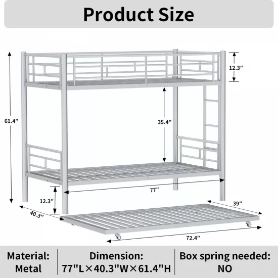 Heavy-duty Sturdy Meta Twin over Twin with Trundle Bunk Bed/l/ Noise Reduced/ Safety Guardrail/No Box Spring Needed,Gray Silver Heavy-duty Sturdy Meta Twin over Twin with Trundle Bunk Bed/l/ Noise Reduced/ Safety Guardrail/No Box Spring Needed,Gray Silver
