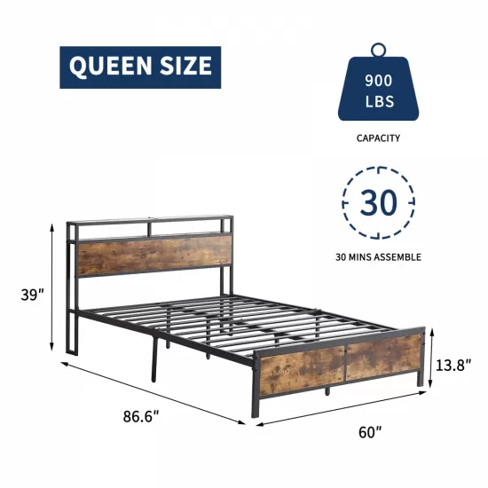 Industrial QUEEN Bed Frame with LED Lights and 2 USB Ports, Bed Frame Full Size with Storage, Noise Free, No Box Spring Needed, Rustic Brown Industrial QUEEN Bed Frame with LED Lights and 2 USB Ports, Bed Frame Full Size with Storage, Noise Free, No Box Spring Needed, Rustic Brown
