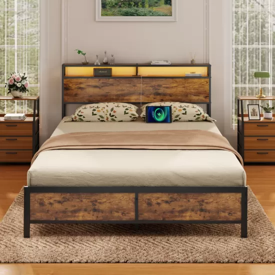 Industrial QUEEN Bed Frame with LED Lights and 2 USB Ports, Bed Frame Full Size with Storage, Noise Free, No Box Spring Needed, Rustic Brown Industrial QUEEN Bed Frame with LED Lights and 2 USB Ports, Bed Frame Full Size with Storage, Noise Free, No Box Spring Needed, Rustic Brown