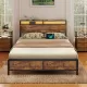 Industrial QUEEN Bed Frame with LED Lights and 2 USB Ports, Bed Frame Full Size with Storage, Noise Free, No Box Spring Needed, Rustic Brown Industrial QUEEN Bed Frame with LED Lights and 2 USB Ports, Bed Frame Full Size with Storage, Noise Free, No Box Spring Needed, Rustic Brown