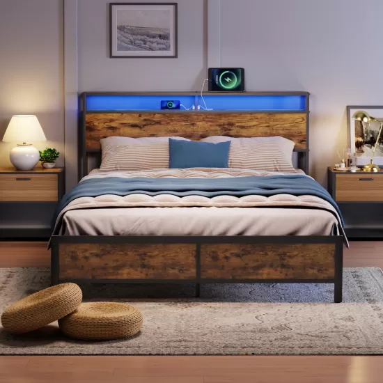 Industrial QUEEN Bed Frame with LED Lights and 2 USB Ports, Bed Frame Full Size with Storage, Noise Free, No Box Spring Needed, Rustic Brown Industrial QUEEN Bed Frame with LED Lights and 2 USB Ports, Bed Frame Full Size with Storage, Noise Free, No Box Spring Needed, Rustic Brown