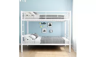  

Affordable and Versatile White Metal Bunk Bed with Twin Over Twin Design, Ladder, and Storage Space