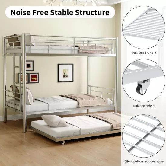Heavy-duty Sturdy Meta Twin over Twin with Trundle Bunk Bed/l/ Noise Reduced/ Safety Guardrail/No Box Spring Needed,Gray Silver Heavy-duty Sturdy Meta Twin over Twin with Trundle Bunk Bed/l/ Noise Reduced/ Safety Guardrail/No Box Spring Needed,Gray Silver
