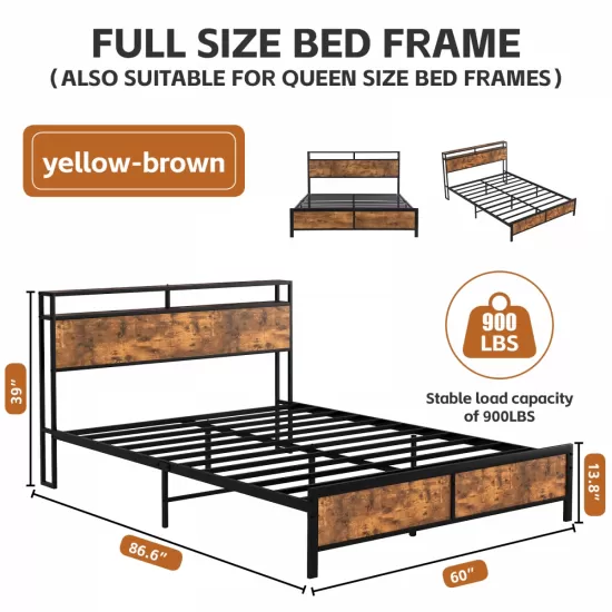 Industrial Full Bed Frame with LED Lights and 2 USB Ports, Bed Frame Full Size with Storage, Noise Free, No Box Spring Needed, Rustic Brown Industrial Full Bed Frame with LED Lights and 2 USB Ports, Bed Frame Full Size with Storage, Noise Free, No Box Spring Needed, Rustic Brown