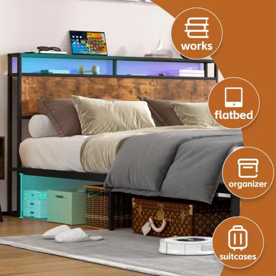 Industrial Full Bed Frame with LED Lights and 2 USB Ports, Bed Frame Full Size with Storage, Noise Free, No Box Spring Needed, Rustic Brown Industrial Full Bed Frame with LED Lights and 2 USB Ports, Bed Frame Full Size with Storage, Noise Free, No Box Spring Needed, Rustic Brown