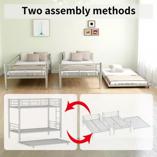 Heavy-duty Sturdy Meta Twin over Twin with Trundle Bunk Bed/l/ Noise Reduced/ Safety Guardrail/No Box Spring Needed,Gray Silver Heavy-duty Sturdy Meta Twin over Twin with Trundle Bunk Bed/l/ Noise Reduced/ Safety Guardrail/No Box Spring Needed,Gray Silver