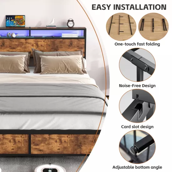 Industrial Full Bed Frame with LED Lights and 2 USB Ports, Bed Frame Full Size with Storage, Noise Free, No Box Spring Needed, Rustic Brown Industrial Full Bed Frame with LED Lights and 2 USB Ports, Bed Frame Full Size with Storage, Noise Free, No Box Spring Needed, Rustic Brown