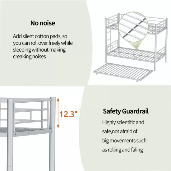 Heavy-duty Sturdy Meta Twin over Twin with Trundle Bunk Bed/l/ Noise Reduced/ Safety Guardrail/No Box Spring Needed,Gray Silver Heavy-duty Sturdy Meta Twin over Twin with Trundle Bunk Bed/l/ Noise Reduced/ Safety Guardrail/No Box Spring Needed,Gray Silver