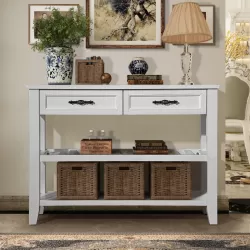 Console Sofa Table with 2 Storage Drawers and 2 Tiers Shelves, Mid-Century Style 42'' Solid Wood Buffet Sideboard for Living Room Furniture Kitchen Dining Room Entryway Hallway, Antique White Console Sofa Table with 2 Storage Drawers and 2 Tiers Shelves, Mid-Century Style 42'' Solid Wood Buffet Sideboard for Living Room Furniture Kitchen Dining Room Entryway Hallway, Antique White