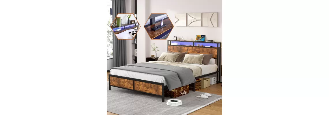 Industrial Full Bed Frame with LED Lights and USB Ports – Modern Storage Solution for $142.33 Industrial Full Bed Frame with LED Lights and USB Ports – Modern Storage Solution for $142.33