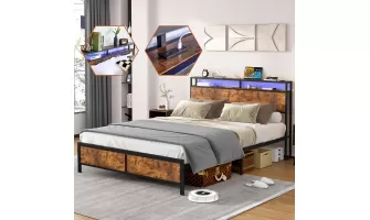 Industrial Full Bed Frame with LED Lights and USB Ports – Modern Storage Solution for $142.33