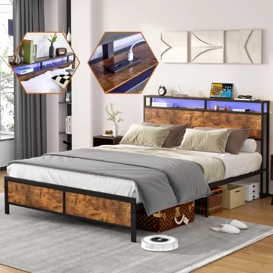 Industrial Full Bed Frame with LED Lights and 2 USB Ports, Bed Frame Full Size with Storage, Noise Free, No Box Spring Needed, Rustic Brown Industrial Full Bed Frame with LED Lights and 2 USB Ports, Bed Frame Full Size with Storage, Noise Free, No Box Spring Needed, Rustic Brown