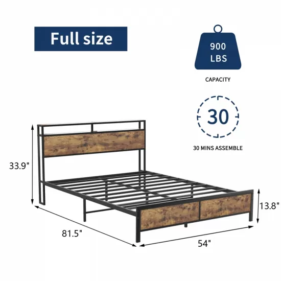 Industrial Full Bed Frame with LED Lights and 2 USB Ports, Bed Frame Full Size with Storage, Noise Free, No Box Spring Needed, Rustic Brown Industrial Full Bed Frame with LED Lights and 2 USB Ports, Bed Frame Full Size with Storage, Noise Free, No Box Spring Needed, Rustic Brown