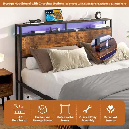 Industrial Full Bed Frame with LED Lights and 2 USB Ports, Bed Frame Full Size with Storage, Noise Free, No Box Spring Needed, Rustic Brown Industrial Full Bed Frame with LED Lights and 2 USB Ports, Bed Frame Full Size with Storage, Noise Free, No Box Spring Needed, Rustic Brown