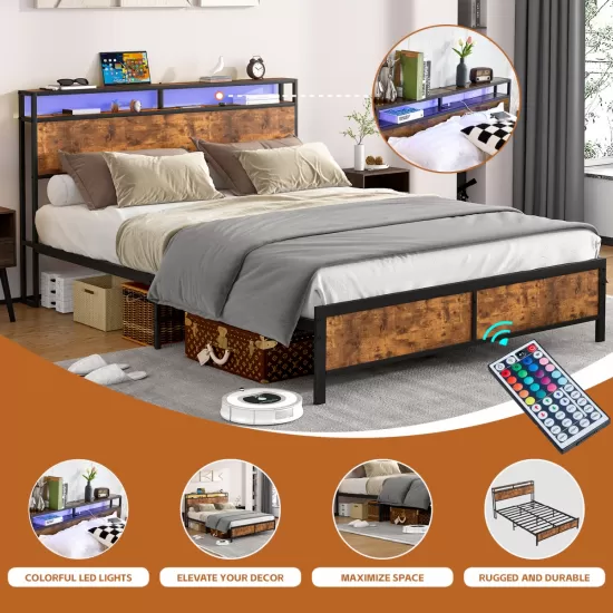 Industrial Full Bed Frame with LED Lights and 2 USB Ports, Bed Frame Full Size with Storage, Noise Free, No Box Spring Needed, Rustic Brown Industrial Full Bed Frame with LED Lights and 2 USB Ports, Bed Frame Full Size with Storage, Noise Free, No Box Spring Needed, Rustic Brown