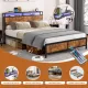 Industrial Full Bed Frame with LED Lights and 2 USB Ports, Bed Frame Full Size with Storage, Noise Free, No Box Spring Needed, Rustic Brown Industrial Full Bed Frame with LED Lights and 2 USB Ports, Bed Frame Full Size with Storage, Noise Free, No Box Spring Needed, Rustic Brown