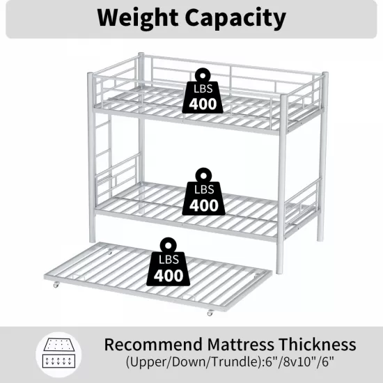Heavy-duty Sturdy Meta Twin over Twin with Trundle Bunk Bed/l/ Noise Reduced/ Safety Guardrail/No Box Spring Needed,Gray Silver Heavy-duty Sturdy Meta Twin over Twin with Trundle Bunk Bed/l/ Noise Reduced/ Safety Guardrail/No Box Spring Needed,Gray Silver