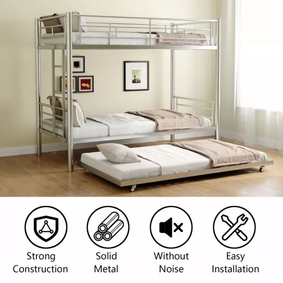 Heavy-duty Sturdy Meta Twin over Twin with Trundle Bunk Bed/l/ Noise Reduced/ Safety Guardrail/No Box Spring Needed,Gray Silver Heavy-duty Sturdy Meta Twin over Twin with Trundle Bunk Bed/l/ Noise Reduced/ Safety Guardrail/No Box Spring Needed,Gray Silver