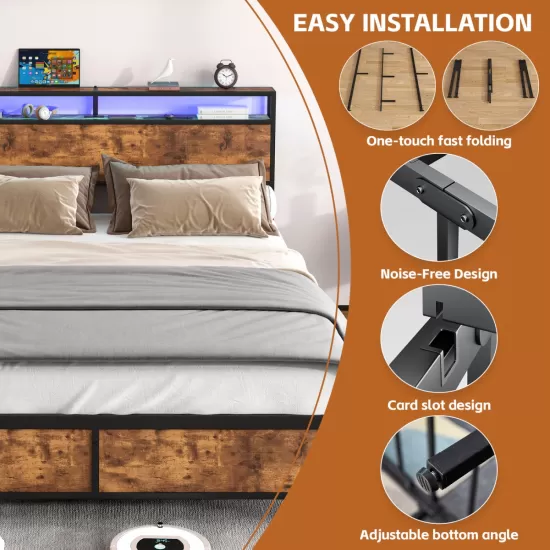 Industrial Full Bed Frame with LED Lights and 2 USB Ports, Bed Frame Full Size with Storage, Noise Free, No Box Spring Needed, Rustic Brown Industrial Full Bed Frame with LED Lights and 2 USB Ports, Bed Frame Full Size with Storage, Noise Free, No Box Spring Needed, Rustic Brown