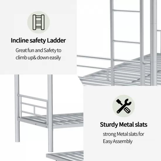 Heavy-duty Sturdy Meta Twin over Twin with Trundle Bunk Bed/l/ Noise Reduced/ Safety Guardrail/No Box Spring Needed,Gray Silver Heavy-duty Sturdy Meta Twin over Twin with Trundle Bunk Bed/l/ Noise Reduced/ Safety Guardrail/No Box Spring Needed,Gray Silver