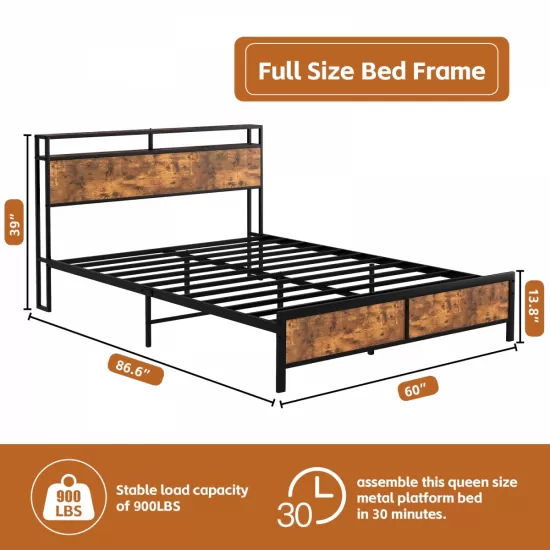 Industrial Full Bed Frame with LED Lights and 2 USB Ports, Bed Frame Full Size with Storage, Noise Free, No Box Spring Needed, Rustic Brown Industrial Full Bed Frame with LED Lights and 2 USB Ports, Bed Frame Full Size with Storage, Noise Free, No Box Spring Needed, Rustic Brown