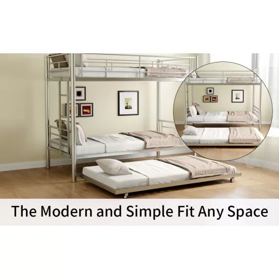 Heavy-duty Sturdy Meta Twin over Twin with Trundle Bunk Bed/l/ Noise Reduced/ Safety Guardrail/No Box Spring Needed,Gray Silver Heavy-duty Sturdy Meta Twin over Twin with Trundle Bunk Bed/l/ Noise Reduced/ Safety Guardrail/No Box Spring Needed,Gray Silver