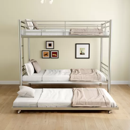 Heavy-duty Sturdy Meta Twin over Twin with Trundle Bunk Bed/l/ Noise Reduced/ Safety Guardrail/No Box Spring Needed,Gray Silver Heavy-duty Sturdy Meta Twin over Twin with Trundle Bunk Bed/l/ Noise Reduced/ Safety Guardrail/No Box Spring Needed,Gray Silver
