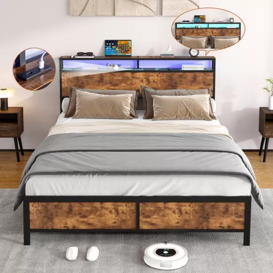Industrial Full Bed Frame with LED Lights and 2 USB Ports, Bed Frame Full Size with Storage, Noise Free, No Box Spring Needed, Rustic Brown Industrial Full Bed Frame with LED Lights and 2 USB Ports, Bed Frame Full Size with Storage, Noise Free, No Box Spring Needed, Rustic Brown