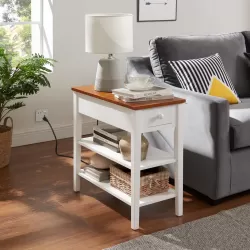 Narrow 2-tone End Table with USB Charging Ports for Small Space, SOLID WOOD Table Legs, White and Walnut, 11.8 Inch W*24 Inch D*24.2 Inch H Narrow 2-tone End Table with USB Charging Ports for Small Space, SOLID WOOD Table Legs, White and Walnut, 11.8 Inch W*24 Inch D*24.2 Inch H