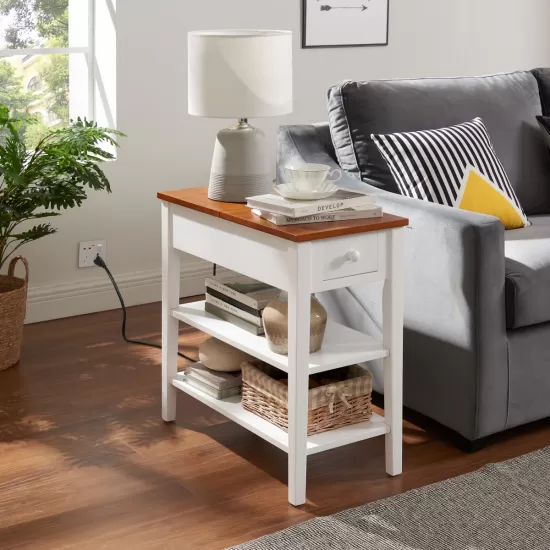 Narrow 2-tone End Table with USB Charging Ports for Small Space, SOLID WOOD Table Legs, White and Walnut, 11.8 Inch W*24 Inch D*24.2 Inch H Narrow 2-tone End Table with USB Charging Ports for Small Space, SOLID WOOD Table Legs, White and Walnut, 11.8 Inch W*24 Inch D*24.2 Inch H