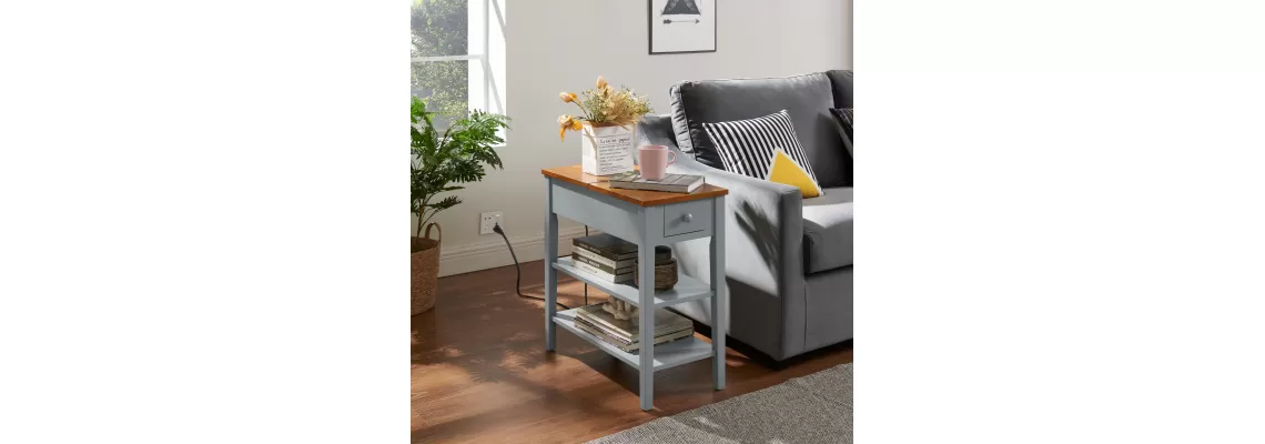 Compact Narrow End Table with USB Ports for Small Spaces – Solid Wood Legs in Gray & Walnut Compact Narrow End Table with USB Ports for Small Spaces – Solid Wood Legs in Gray & Walnut