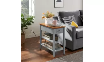 Compact Narrow End Table with USB Ports for Small Spaces – Solid Wood Legs in Gray & Walnut