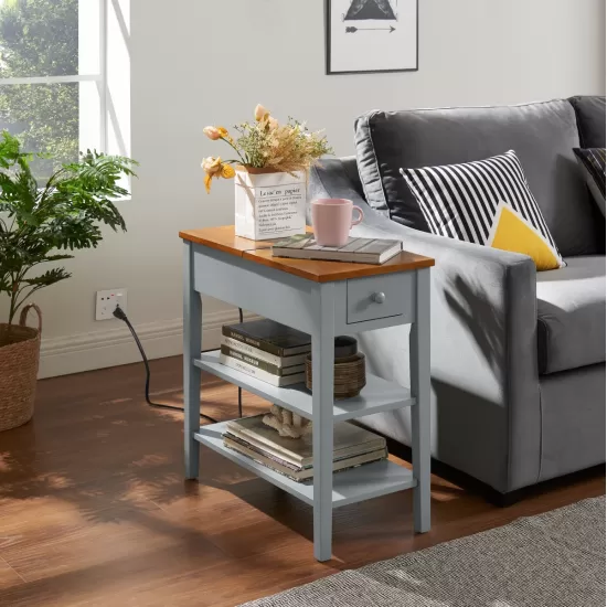 Narrow 2-tone End Table with USB Charging Ports for Small Space, SOLID WOOD Table Legs, Gray and Walnut, 11.8 Inch W*24 Inch D*24.2 Inch H Narrow 2-tone End Table with USB Charging Ports for Small Space, SOLID WOOD Table Legs, Gray and Walnut, 11.8 Inch W*24 Inch D*24.2 Inch H